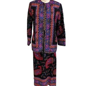 Carlisle 2 PC Silk Wool Black Floral skirt & Jacket  Set  Suit NWOT Sz 12